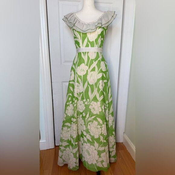 Vintage 1970s Floral Maxi Dress Ruffle Collar Off Shoulder Dress - Picture 14 of 15